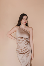 Load image into Gallery viewer, Beige One Shoulder Silk Dress
